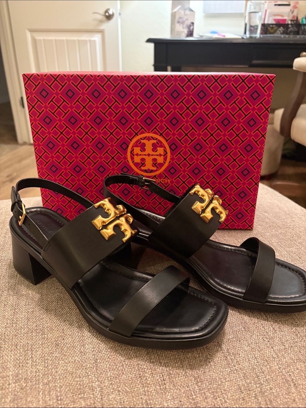 Tory Burch Eleanor Black Leather Slingback Sandals with Gold Logo Plaques
